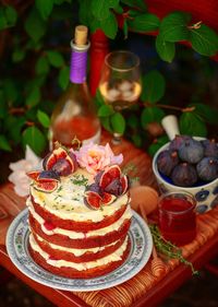 Close-up of cake served on table