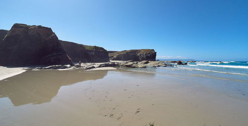 Rock formations on beach against clear blue sky