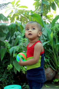 Two years old little child playing with ball,  portrait of asian baby boy play in home garden