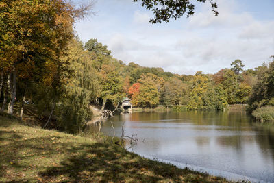 Scenic view of lake by trees against sky