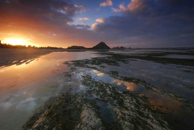 Scenic view of beach against sky during sunset