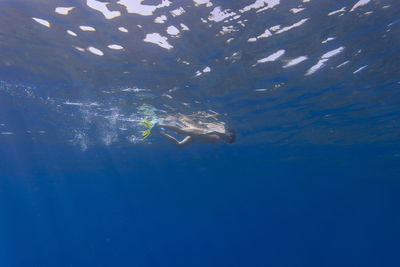 Side view of woman in bikini snorkeling undersea