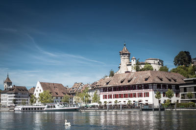 View on rhine river and famous munot fortifiction. schaffhausen, switzerland.