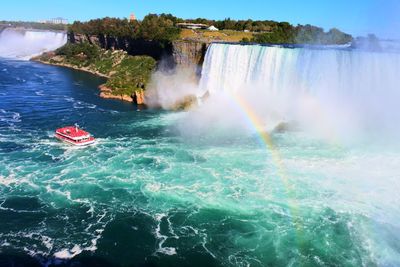 Scenic view of waterfall against sky