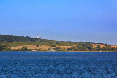 Scenic view of sea against clear blue sky