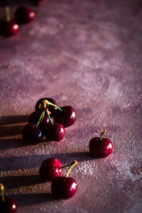 High angle view of strawberries on table