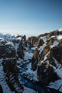 Scenic view of snowcapped mountains against clear sky