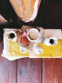 High angle view of breakfast on table