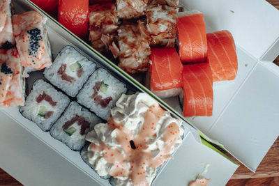 High angle view of sushi in plate