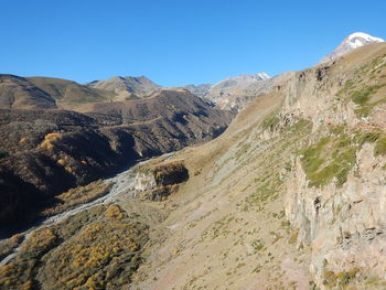 Scenic view of mountains against clear blue sky