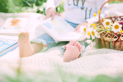 Low section of girl reading book while sitting on picnic blanket