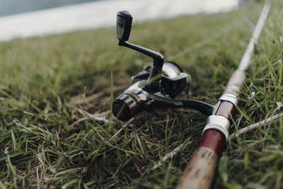 Close-up of bicycle on field