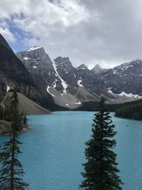 Scenic view of lake and snowcapped mountains against sky