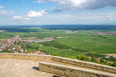 High angle view of field against sky