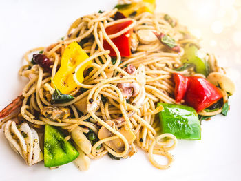 Close-up of noodles served on plate