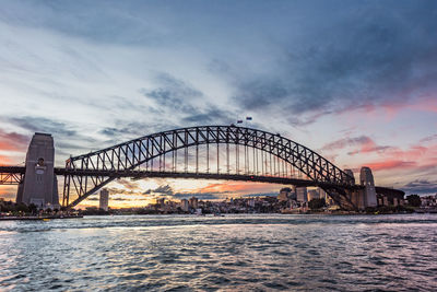 Australian iconic landmark sydney harbour bridge against picturesque sunset sky on the background