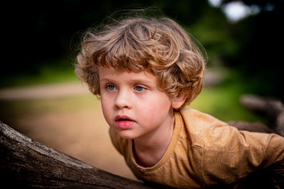 Beautiful boy playing on a trunk in epping forest