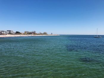 Scenic view of sea against clear blue sky