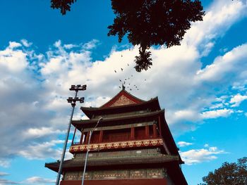 Low angle view of pagoda against sky