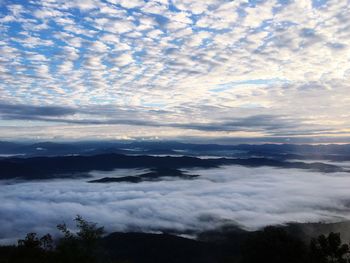 Scenic view of mountains against sky at sunset