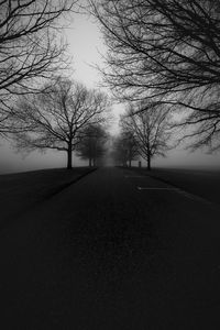Road amidst bare trees against sky during foggy weather