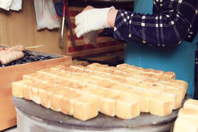 High angle view of man preparing food