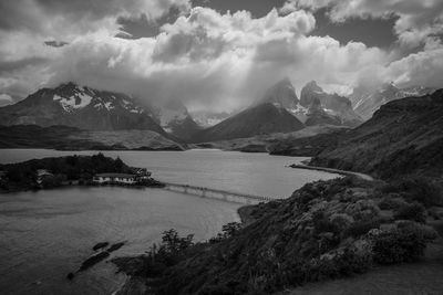 Scenic view of mountains and lake against cloudy sky