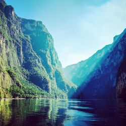 Scenic view of lake and mountains against sky