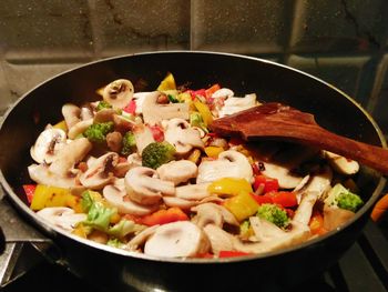 Close-up of salad in frying pan