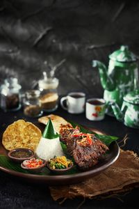 High angle view of food in plate on table