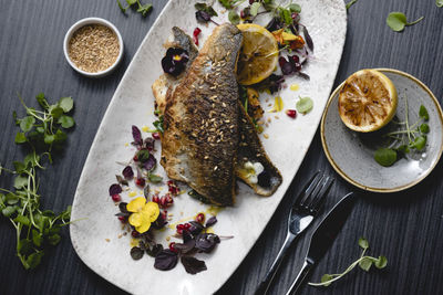 High angle view of meal served on table