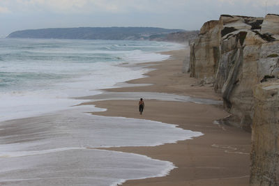 Rear view of woman standing on beach against sky