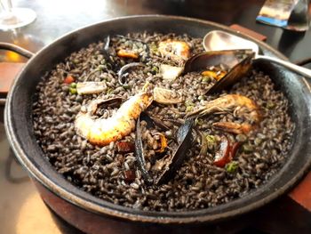 High angle view of meat in container