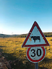 Road sign on field against clear sky