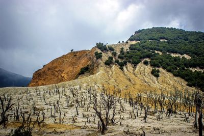 Scenic view of mountain against cloudy sky