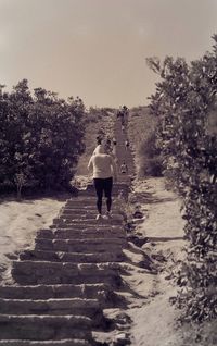 Rear view of woman walking on footpath