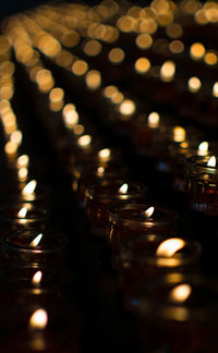 Close-up of illuminated candles in temple