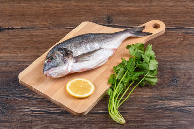 High angle view of fish on table