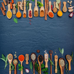 Directly above shot of various spices and herbs on table