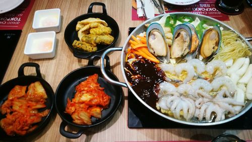 High angle view of food served on table