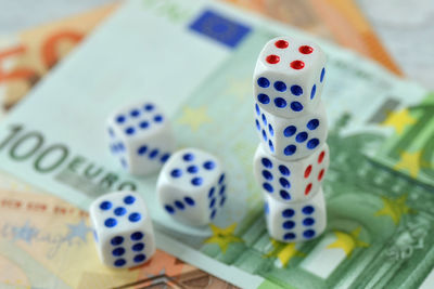 Close-up high angle view of blue and objects on table