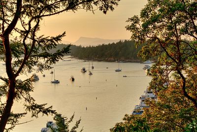 High angle view of lake against sky during sunset