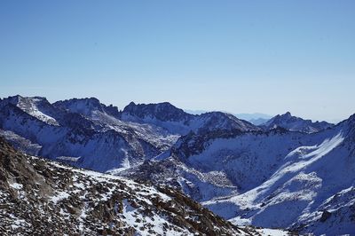 Scenic view of snowcapped mountains against clear blue sky