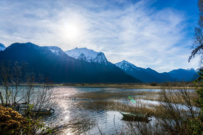 Scenic view of lake and snowcapped mountains against sky