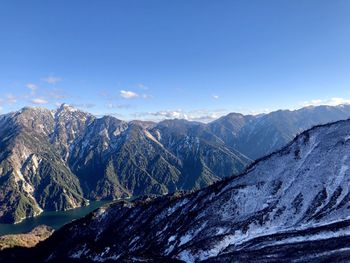 Scenic view of snowcapped mountains against blue sky