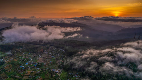 Aerial view of townscape against sky during sunset