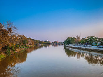 Scenic view of river against clear blue sky