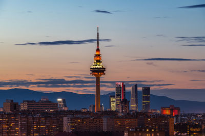 Skyline of madrid at dusk as seen from cerro del tio pio in vallecas