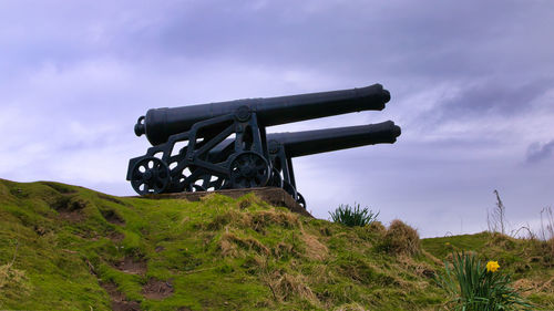 Built structure on field against sky