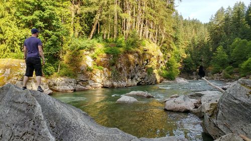 Rear view of man on rock by river in forest against sky